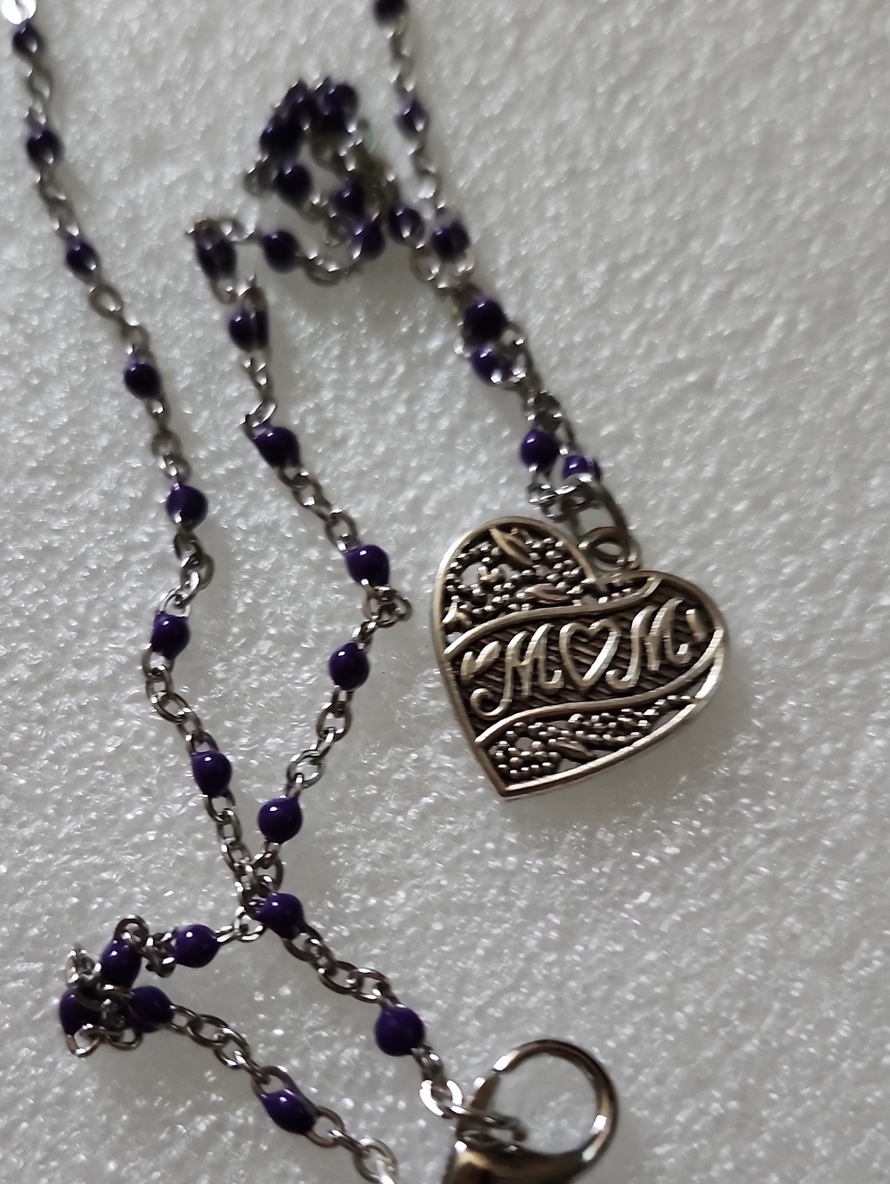 Hand Crafted Silver Heart Pendant Necklace with Purple Beads